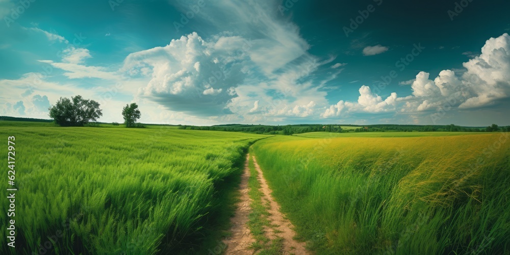 Single Path Passing through Green Field, Surrounded by Sky-Blue and Blue Tones, Offering Captivating Landscapes and Inviting a Youthful Energy amidst Spectacular Backdrops