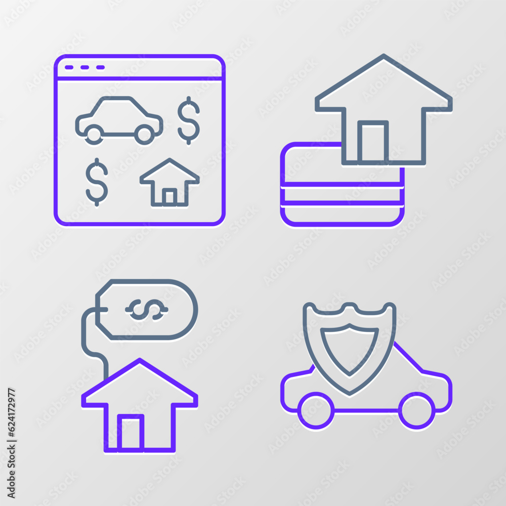 Set line Car with shield, House dollar, Credit card and Online real estate icon. Vector Set line Car with shield, House dollar, Credit card and Online real estate icon. Vector
