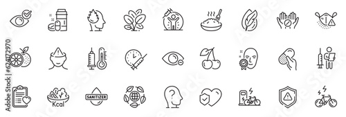 Icons pack as Porridge, Thermometer and Capsule pill line icons for app include Check eye, Shield, Hand sanitizer outline thin icon web set. Life insurance, Patient history. Vector photo