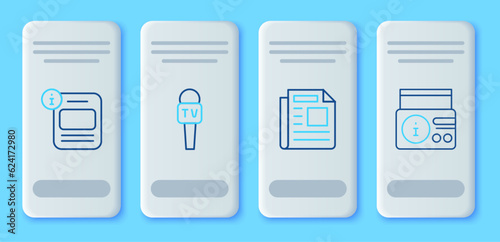 Set line Microphone, News, Information and radio channel icon. Vector