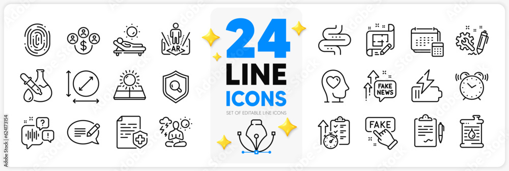 Icons set of Medical certificate, Intestine and Alarm clock line icons pack for app with Engineering, Augmented reality, Sun energy thin outline icon. Timer, Architect plan, Lounger pictogram. Vector