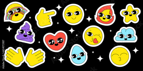 Stickers set in 70s style. Vector pack. Collection of cartoon characters, doodle smile face, poop, heart, weather, fire, rainbow. Cute retro groovy hippie design. Line art doodle flat sticker set