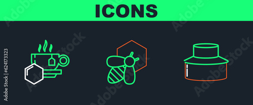 Set line Beekeeper with protect hat, Cup of tea honey and and honeycomb icon. Vector