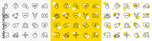 Outline Valentine  Genders and Honeymoon travel line icons pack for web with Hold heart  Heart  Rainbow line icon. Inclusion  Hearts  Like button pictogram icon. Friends community. Vector