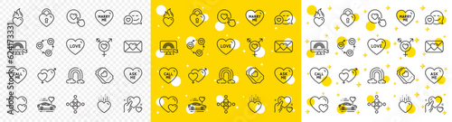 Outline Valentine, Genders and Honeymoon travel line icons pack for web with Hold heart, Heart, Rainbow line icon. Inclusion, Hearts, Like button pictogram icon. Friends community. Vector