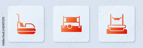 Set Volleyball net with ball, Bumper car and Bungee. White square button. Vector