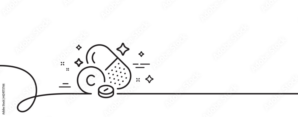 Vitamin C line icon. Continuous one line with curl. Ascorbic acid food nutrient sign. Capsule or pill supplement symbol. Vitamin C single outline ribbon. Loop curve pattern. Vector Vitamin C line icon. Continuous one line with curl. Ascorbic acid food nutrient sign. Capsule or pill supplement symbol. Vitamin C single outline ribbon. Loop curve pattern. Vector