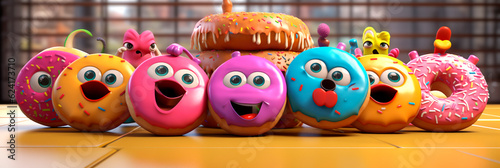 Banner with delicious donuts. Generative AI. Children's holiday. Funny smiling doughnuts with eyes. National Donut Day or Fat Thursday. Header for website, advert, pizzeria, cafe, menu, cover.