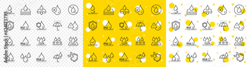 Durable fabric surface, ip68 protection and moisture proof. Waterproof line icons. Water repellent, ip67 defense and rain line icons. Flooding, waterproof fabric and water resistant. Vector