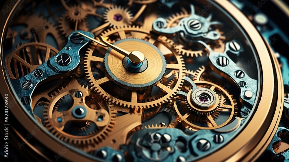Gears and cogs mechanisms of clockwork. Created with Generative Ai technology.