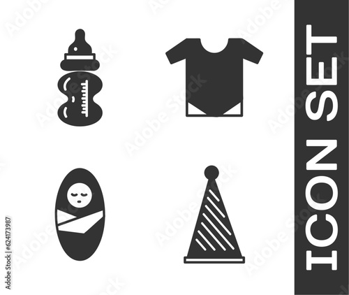 Set Party hat, Baby bottle, Newborn baby infant swaddled and Baby onesie icon. Vector