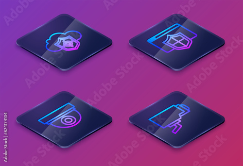 Wallpaper Mural Set Isometric line Cloud and shield, Security camera, Browser with and . Blue square button. Vector Torontodigital.ca