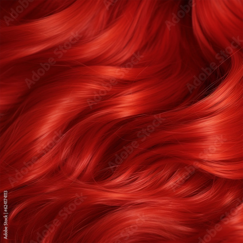 A closeup view of a bunch of shiny red hair in a wavy style. Generative AI