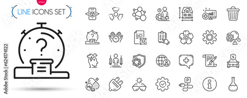 Pack of Trash bin, Qr code and Coronavirus injections line icons. Include Execute, Sunglasses, Chemistry lab pictogram icons. Quiz, Integrity, Service signs. Safe time. Trash bin outline sign. Vector
