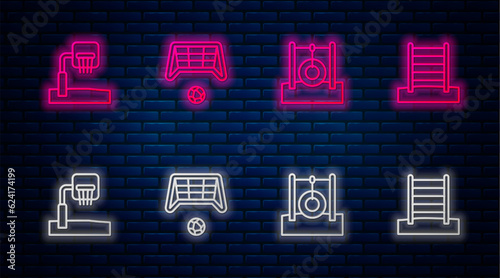 Set line Soccer goal with ball, Car tire hanging on rope, Basketball backboard and Swedish wall. Glowing neon icon on brick wall. Vector