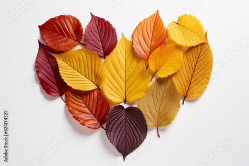 Artificial autumn leaves in the shape of a heart, decor for the holiday. Background with selective focus and copy space