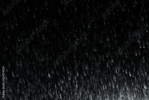 Falling rain drops on a black background. Graphic resource for installation or blank for design. AI generated