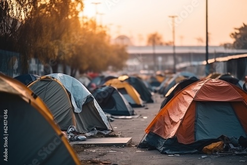 Refugee camp with tents. Background with selective focus and copy space © top images