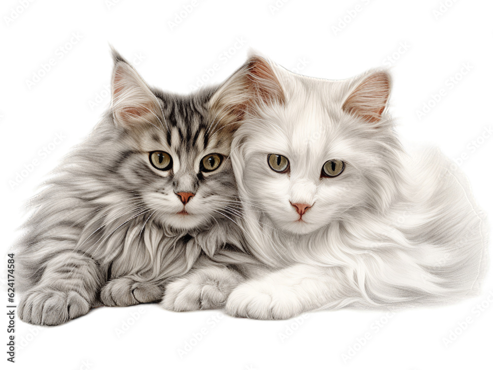 Gentle Norwegian Forest Cat Cuddling with a Companion - Transparent Background