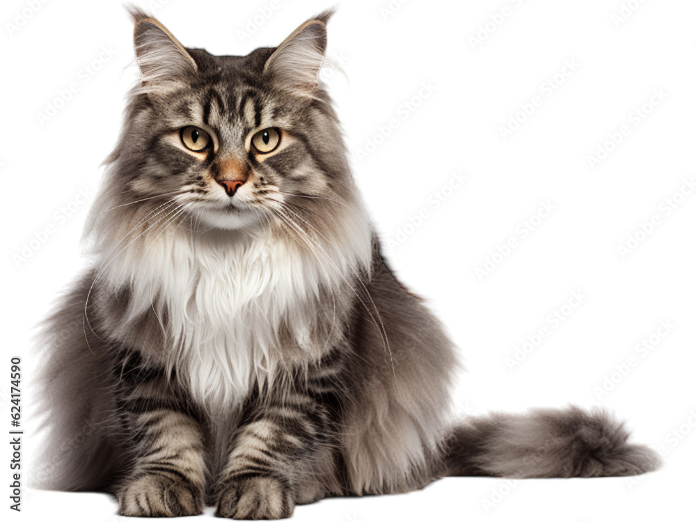 Majestic Norwegian Forest Cat Sitting Tall - Transparent Background