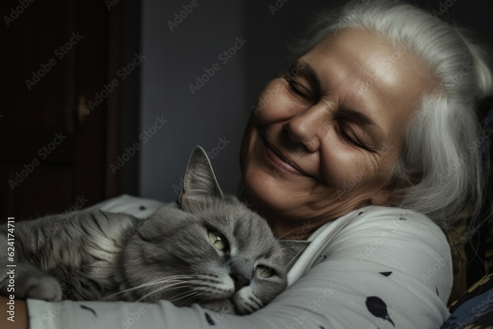 A cute cat is a favorite pet of an adult woman. Portrait with selective focus A cute cat is a favorite pet of an adult woman. Portrait with selective focus