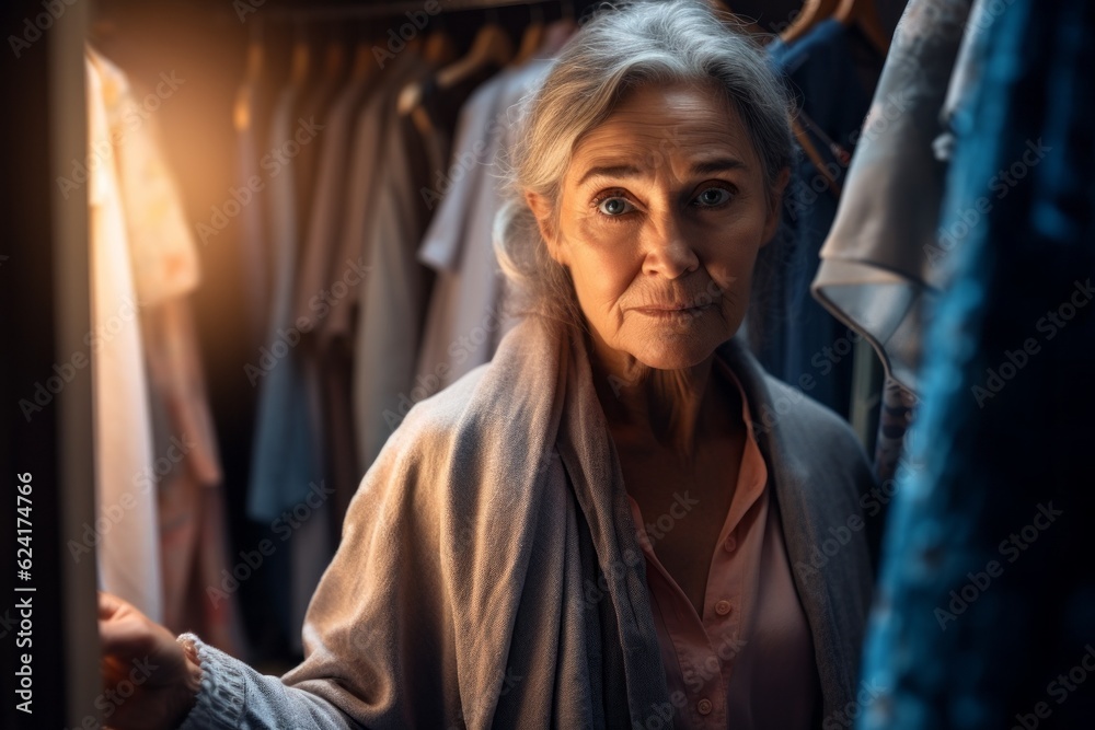 An adult or old woman in a dressing room. Portrait with selective focus