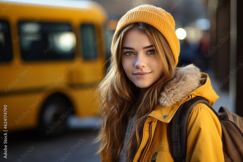 High school student female on a blurred background of the bus. Back To School concept. Background with selective focus - obrazy, fototapety, plakaty 