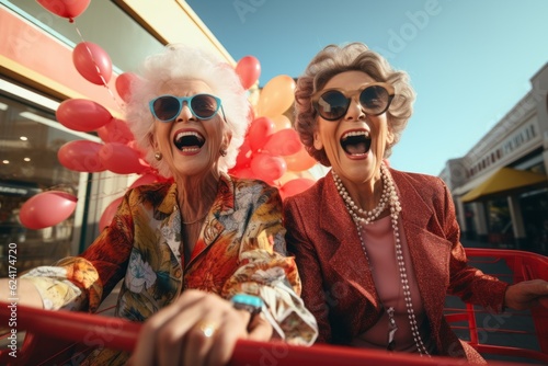 Elderly female pensioner couple have fun on shopping. Portrait with selective focus