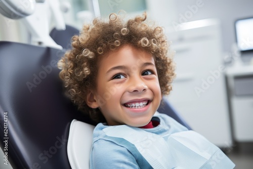 Child at the dentist. Portrait with selective focus and copy space