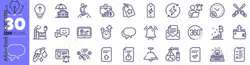 Loan percent, Salary and Battery charging line icons pack. Checked file, Screwdriverl, Renewable power web icon. Wallet, Gps, 360 degrees pictogram. Notification bell, Talk bubble, Leadership. Vector