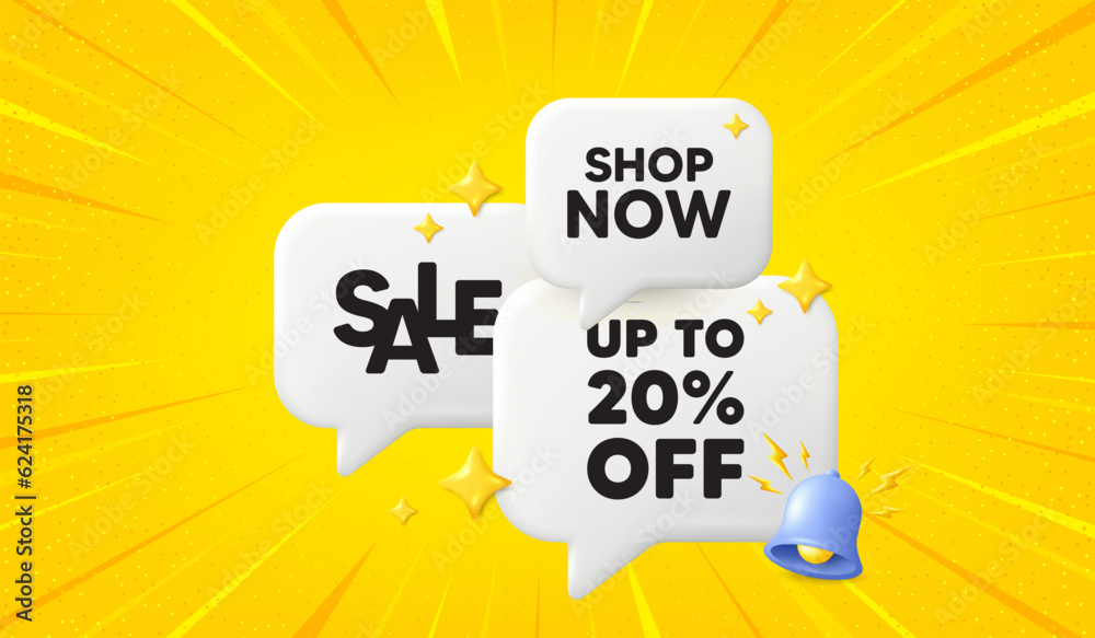 Up to 20 percent off sale. 3d offer chat speech bubbles. Discount offer price sign. Special offer symbol. Save 20 percentages. Discount tag speech bubble 3d message. Talk box banner with bell. Vector