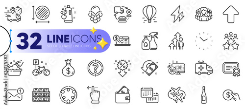 Outline set of Headhunter, New message and Supply chain line icons for web with 5g internet, Calendar, Ice cream thin icon. Express delivery, Clean bubbles, Electricity pictogram icon. Vector