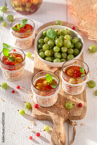 Tasty lemonade with gooseberries, redcurrant and mint.