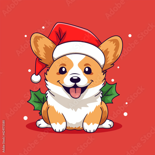 Cute vector illustration in kawaii style. Cute corgi dog sitting in Santa Claus Christmas hat. Cute illustration for print and print . Vector illustration