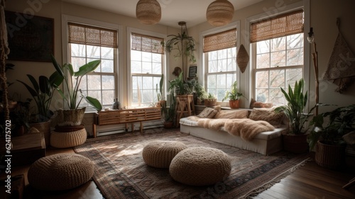 Living room decor, home interior design . Bohemian Coastal style with Large Windows decorated with Rattan and Wicker material . Generative AI AIG26. photo