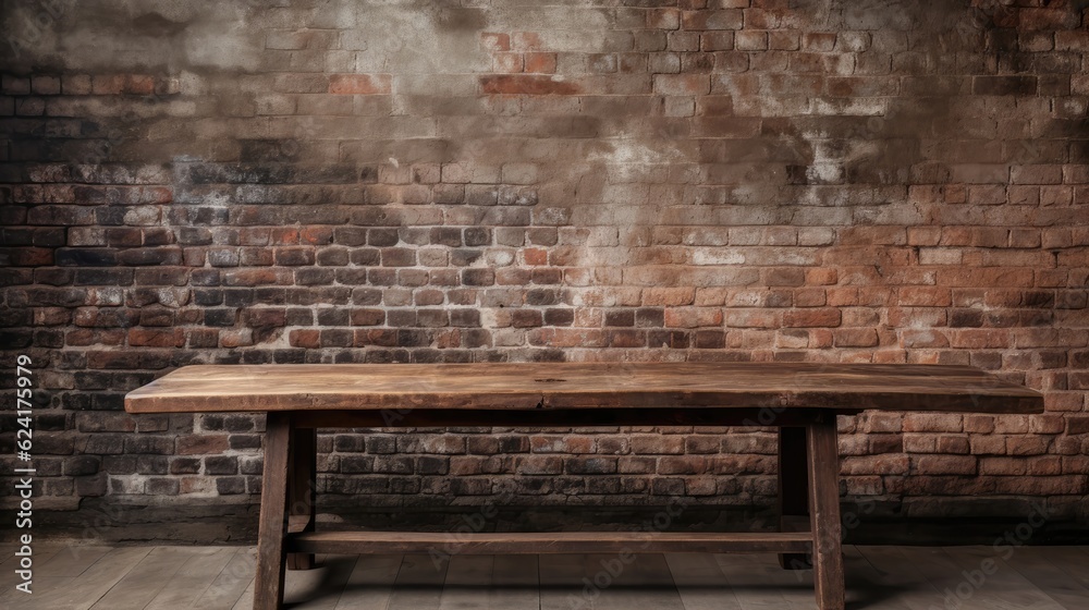 Rustic wood table against weathered brick backdrop. Generative AI Rustic wood table against weathered brick backdrop. Generative AI