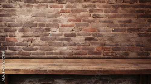 Rustic wood table against weathered brick backdrop. Generative AI