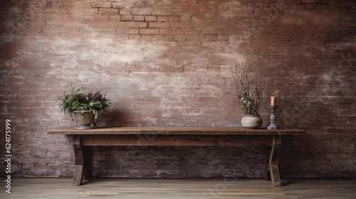 Rustic wood table against weathered brick backdrop. Generative AI