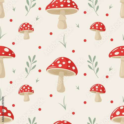 Vector Seamless Pattern with Hand Drawn Cartoon Flat Mushrooms on White Background. Amanita Muscaria, Fly Agaric Illustration, Mushrooms Collection. Magic Mushroom Symbol, Design Template