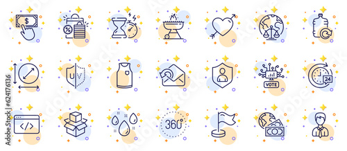 Outline set of Packing boxes, Shopping bags and Global business line icons for web app. Include Seo script, Love, 360 degrees pictogram icons. Milestone, Hourglass timer, Security signs. Vector