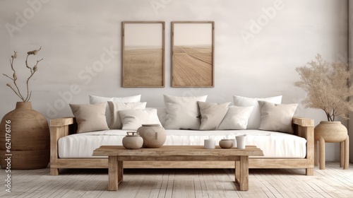 Scandinavian farmhouse style beige living room interior with natural wooden furniture. Mock up plaster wall background. Generative AI