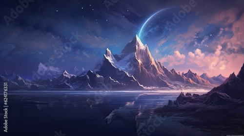 Shining snow-capped mountains with ocean views in moonlight and sparkling stars. © Vitaly Art