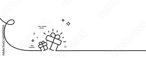 Gifts line icon. Continuous one line with curl. Present box sign. Brand marketing symbol. Gift single outline ribbon. Loop curve pattern. Vector