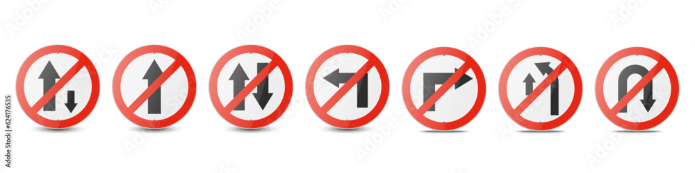 Vector Red and White Round Prohibition Traffic Sign with Arrow Icon Set Isolated. One Way, No Straight Ahead, Vehicles, Turn, Overtaking, U-Turn Traffic Road Plate, Sign Design Templates Vector Red and White Round Prohibition Traffic Sign with Arrow Icon Set Isolated. One Way, No Straight Ahead, Vehicles, Turn, Overtaking, U-Turn Traffic Road Plate, Sign Design Templates