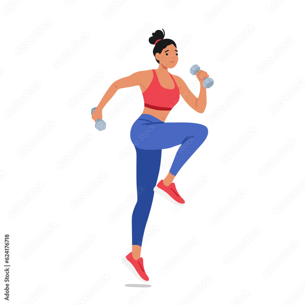 Fitness Woman Confidently Exercises With Dumbbells. Young Active Female Character Showcasing Strength, Determination