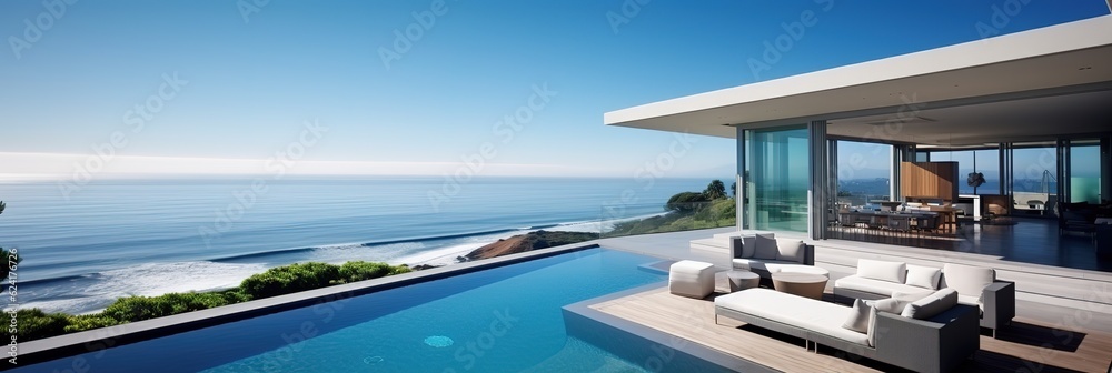 Obraz premium banner summer luxury estate villa with large swimming pool, Luxury modern estate property on hill with stunning sea view, Summer vacation, tourism, copyspace, generative ai