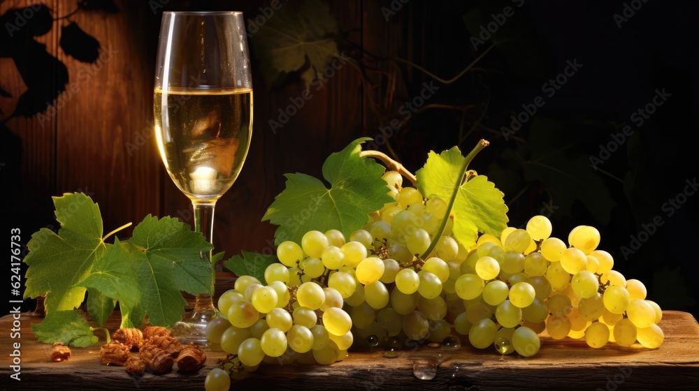 White wine with bunch of grape. Generative AI