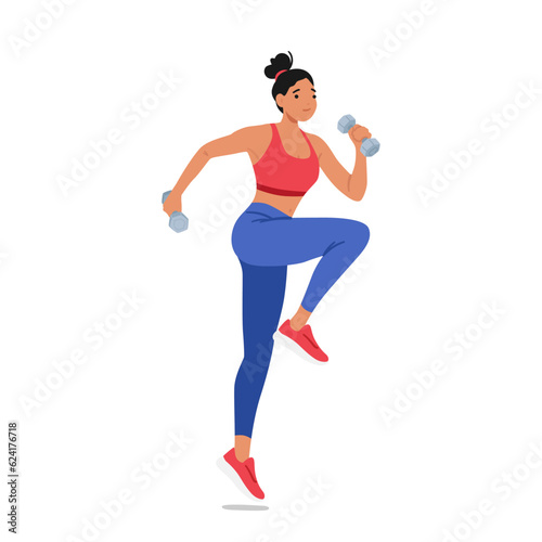 Fitness Woman Confidently Exercises With Dumbbells. Young Active Female Character Showcasing Strength, Determination