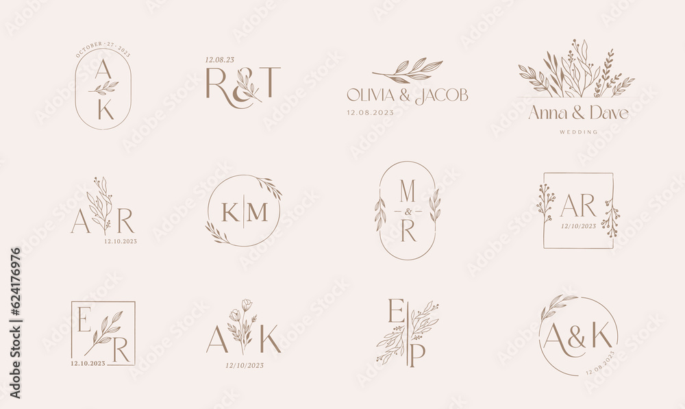 Wedding logos, hand drawn elegant, delicate and minimalist monogram collection