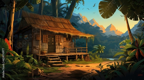 Fototapeta Naklejka Na Ścianę i Meble -  Wood cabin in the jungle illustration drawing. Generative AI